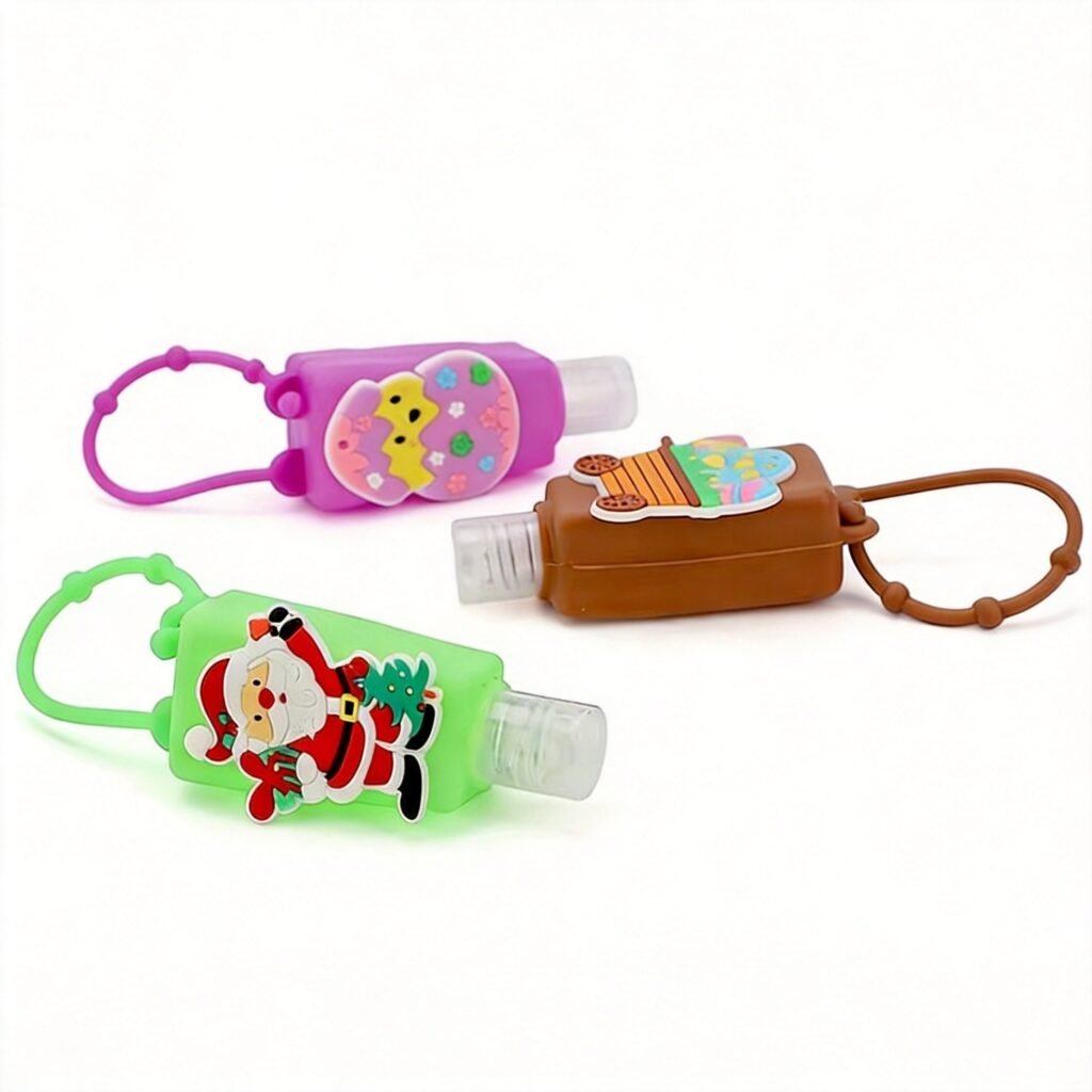 Custom 1oz clip-on hand sanitizer with silicone carrier, white background