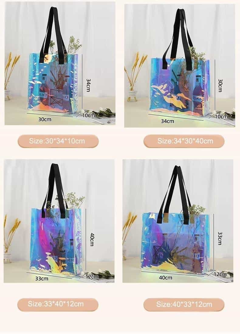 Custom Holographic Iridescent PVC Clear Tote Bag with Handles for Shopping Beach Gift Packaging Promotional Item - Image 5