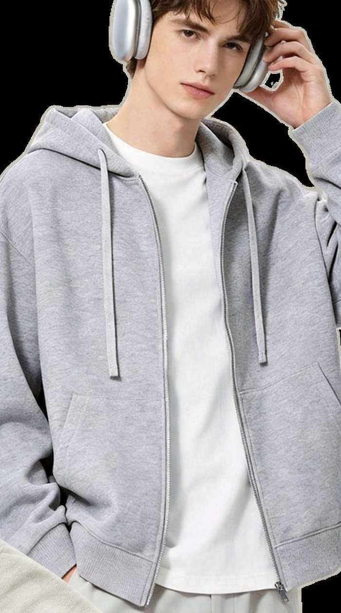 350 GSM Cotton Blend Full Zip Hooded Jacket with Kangaroo Pocket Drawstring Hoodie for Casual Outdoor - Image 2