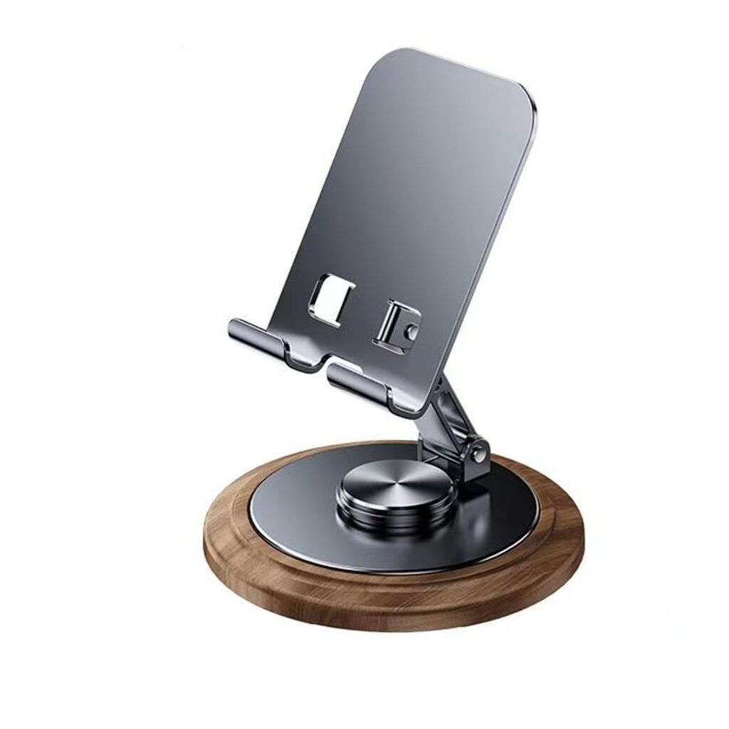 Custom Logo Walnut Wood Grain Metal Phone Stand Desktop Cell Phone Holder for Office Corporate Gifts and Trade Shows