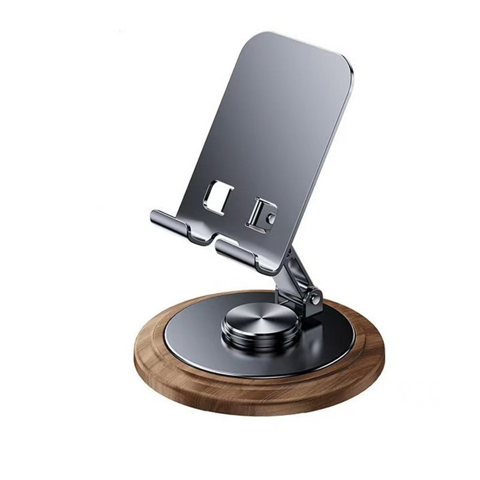 Custom Logo Walnut Wood Grain Metal Phone Stand Desktop Cell Phone Holder for Office Corporate Gifts and Trade Shows