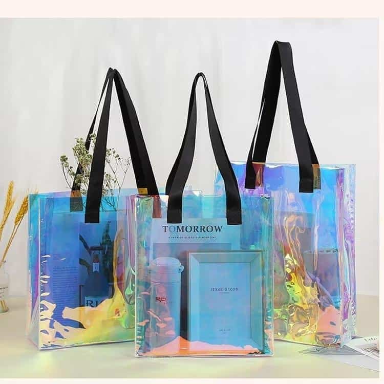 Custom Holographic Iridescent PVC Clear Tote Bag with Handles for Shopping Beach Gift Packaging Prom