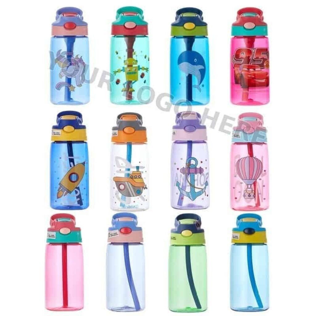 Kids Cartoon Straw Water Bottle with Carry Strap