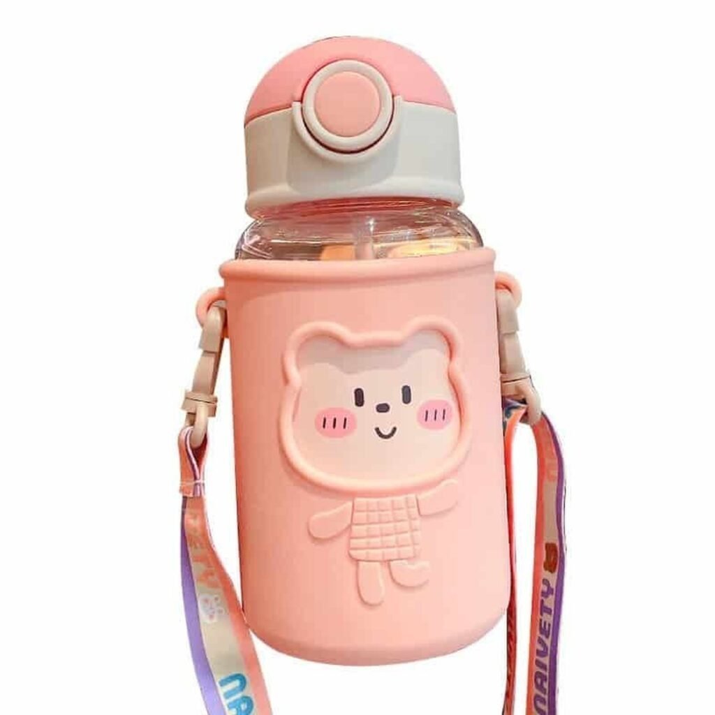 Cute Bear Kids Straw Bottle with Strap