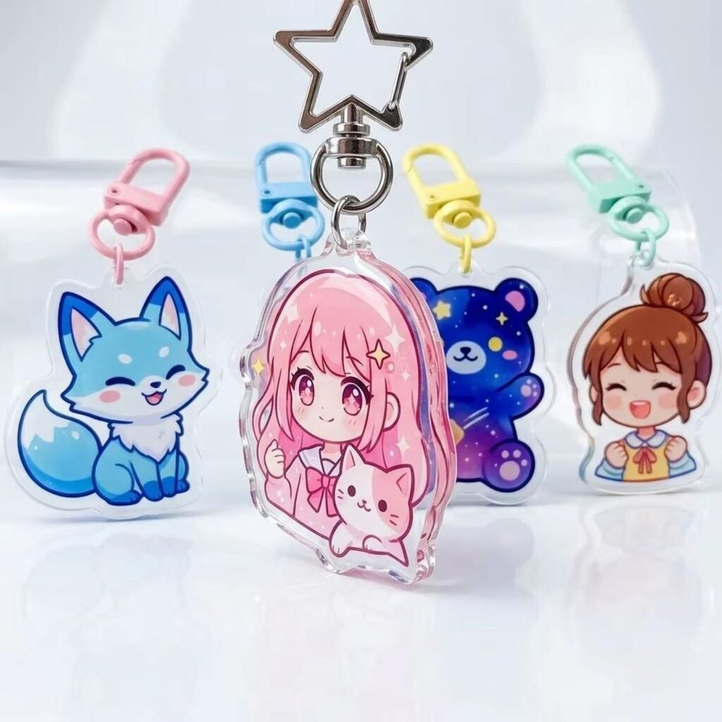 Custom Acrylic Charm Keychain with Metal Keyring Holographic Transparent Epoxy Anime Character Keychain for Bags Promotional Gift