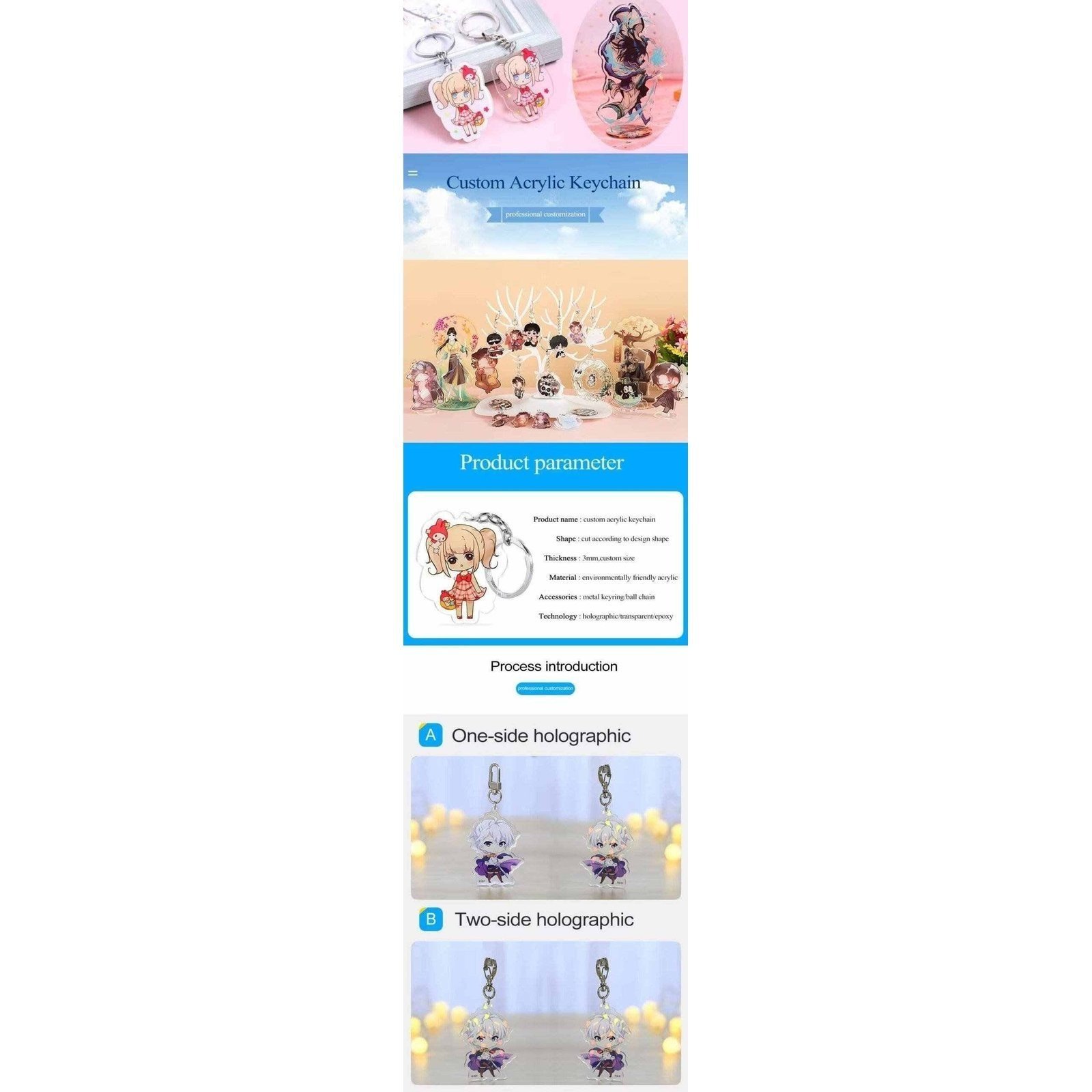 Custom Acrylic Charm Keychain with Metal Keyring Holographic Transparent Epoxy Anime Character Keychain for Bags Promotional Gift - Image 3