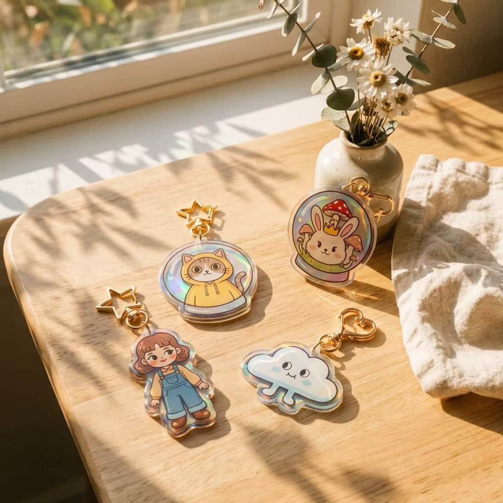 Custom Acrylic Charm Keychain with Metal Keyring Holographic Transparent Epoxy Anime Character Keychain for Bags Promotional Gift - Image 4