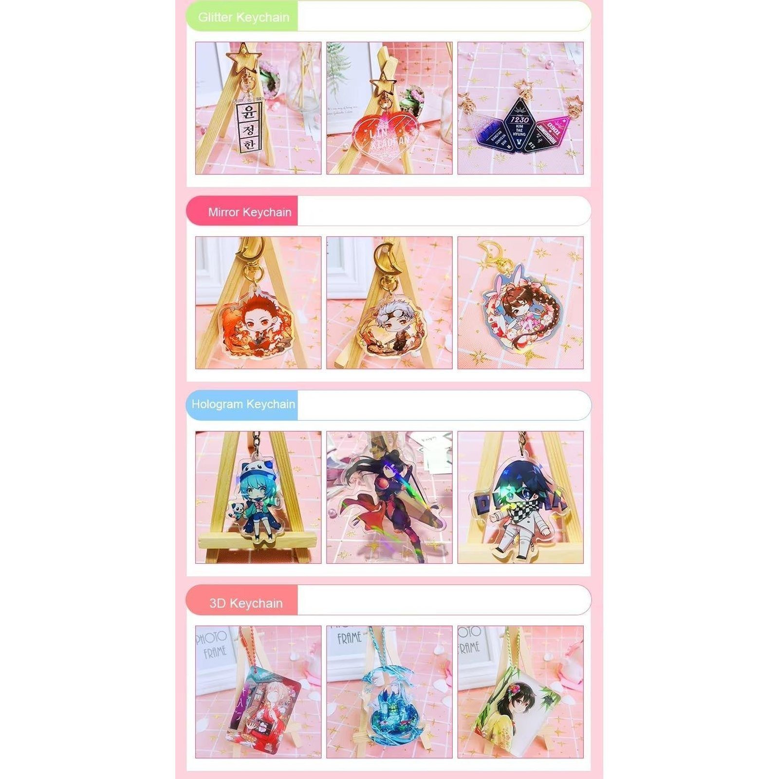 Custom Glitter Epoxy Resin Acrylic Keychain Pin Badge Mirror Hologram 3D Charm Keyring Anime Character Promotional Accessory - Image 5