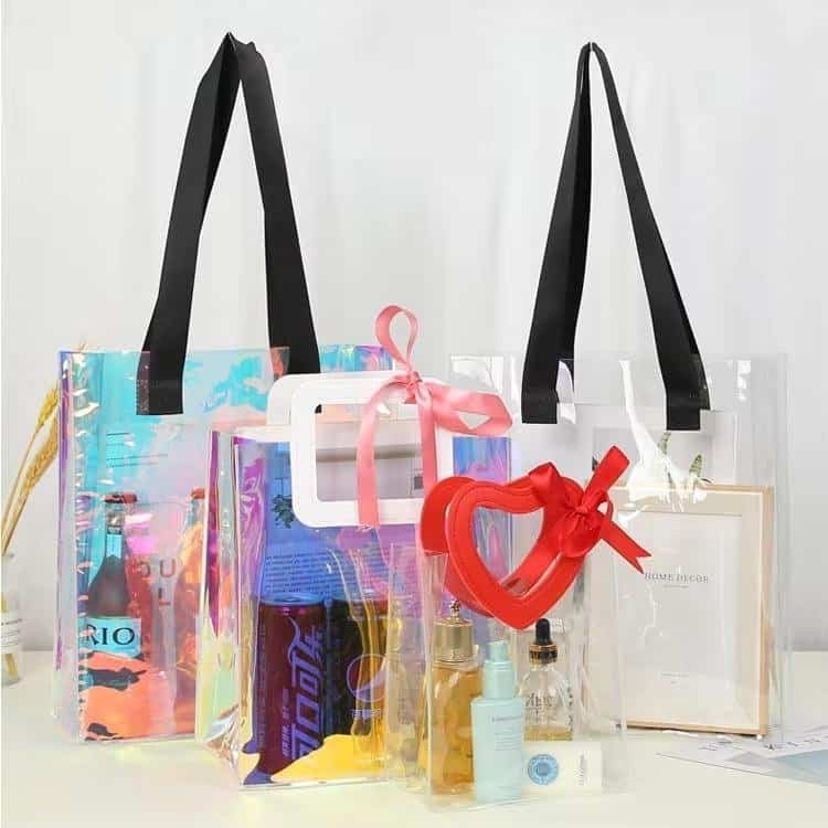 Custom Holographic Iridescent PVC Clear Tote Bag with Handles for Shopping Beach Gift Packaging Promotional Item - Image 4