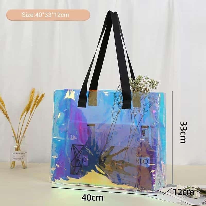 Custom Holographic Iridescent PVC Clear Tote Bag with Handles for Shopping Beach Gift Packaging Promotional Item - Image 2
